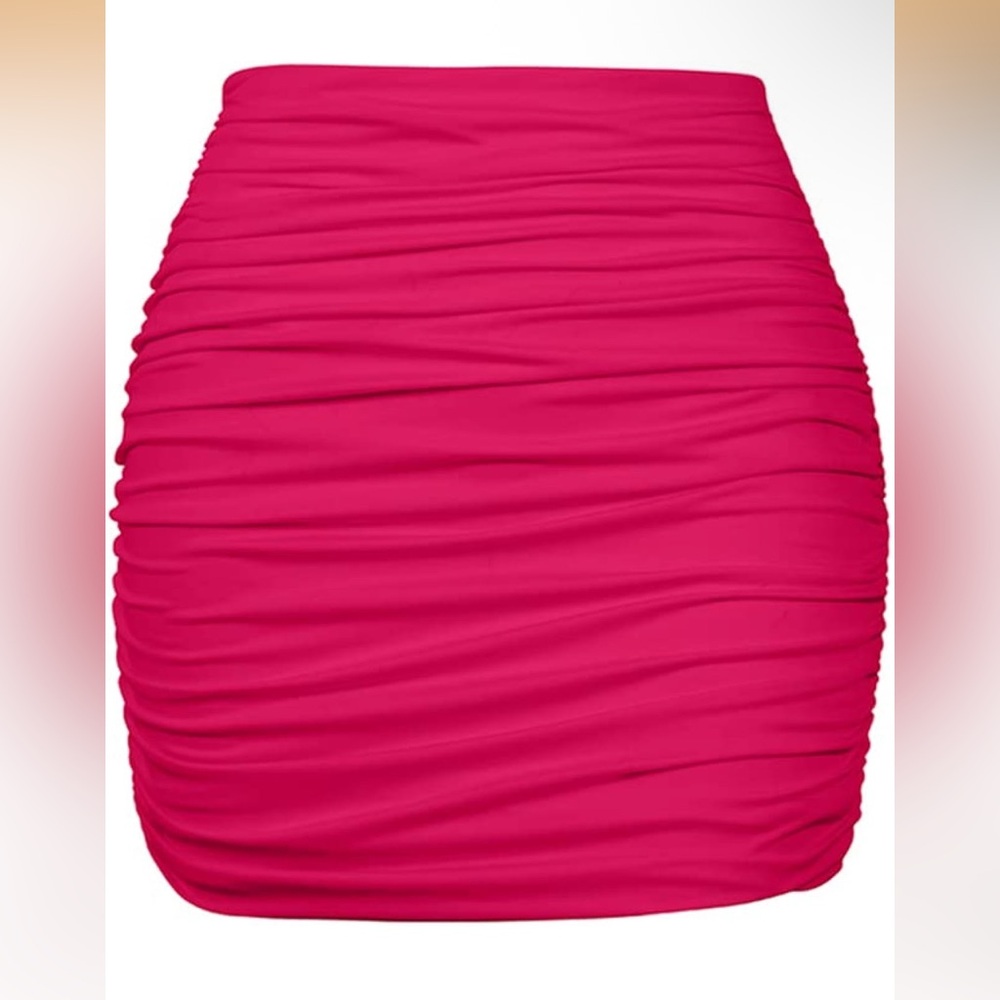Hot Rose Pink High-waisted Ruched Bodycon Mini Skirt | 🆕 Size Large